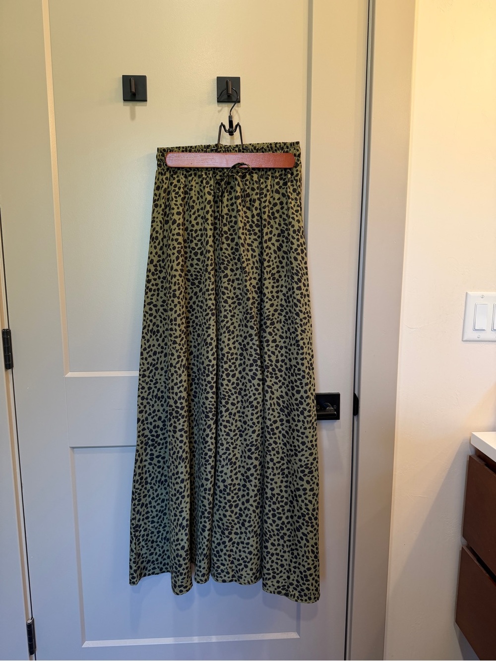 Leopard Print Olive Green Maxi Skirt with Drawstring Waist